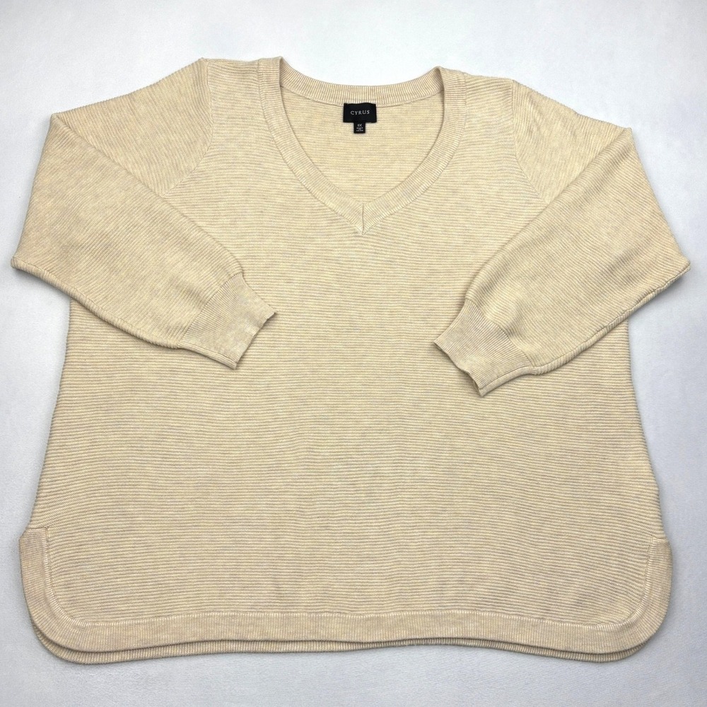 Cyrus Ribbed V Neck Sweater Womens Plus 1X Beige Oatmeal Dolman Slit Tunic Top